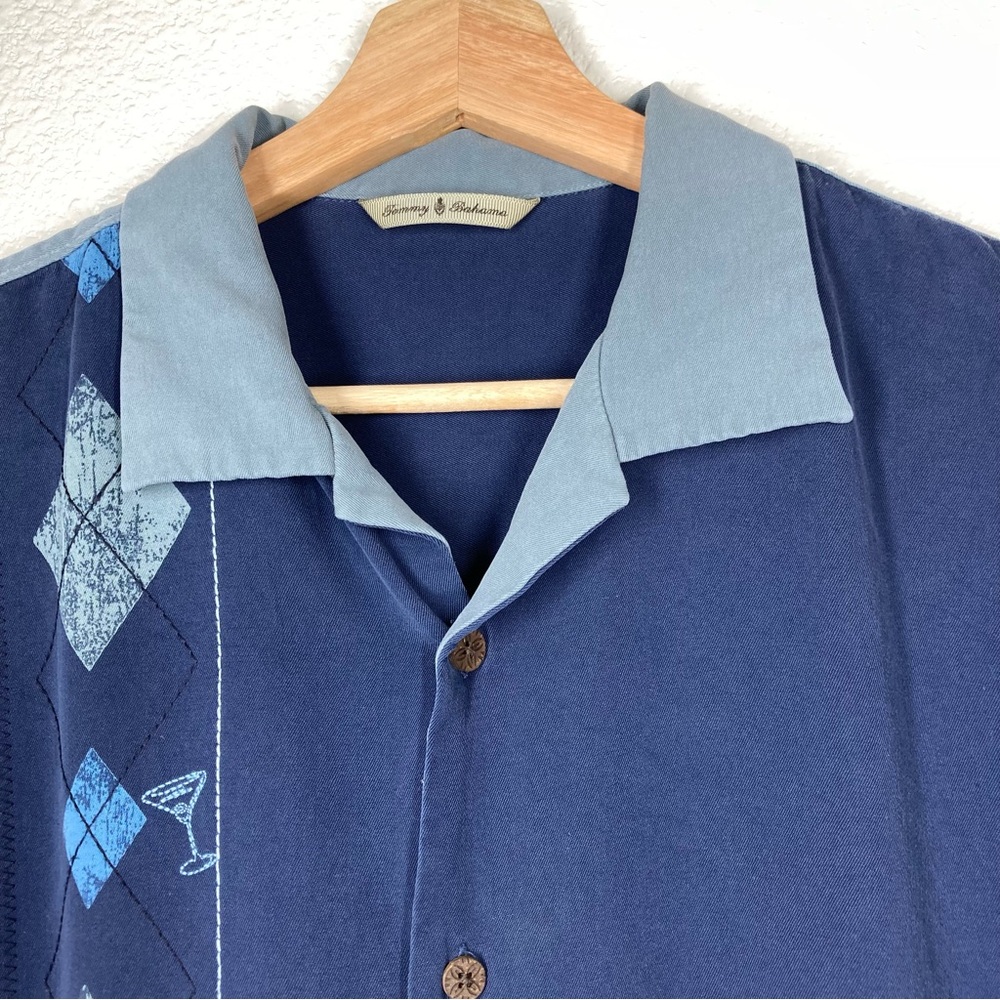 Tommy Bahama Silk Shirt Medium Martini Glass Argyle Silk Button Down Blue - Picture 6 of 13
